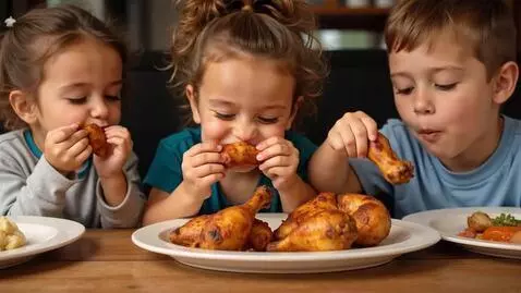 AI Video from prompt: Kids eating chicken