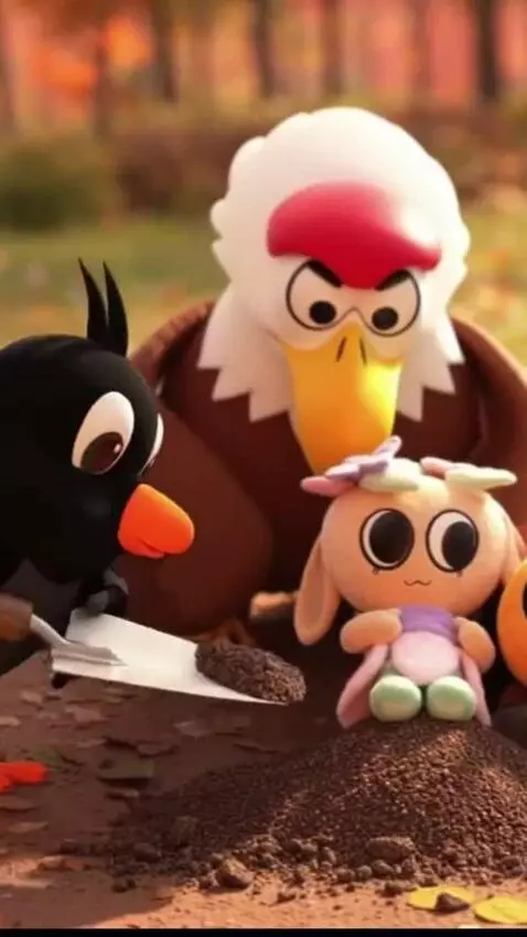 AI Video from prompt: Birds burying plush Toys on the floor saying las