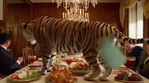 AI Video from prompt: A tiger farts on a banquet table