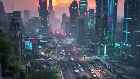 AI Video from prompt: A sprawling post-apocalyptic megacity at dusk: c