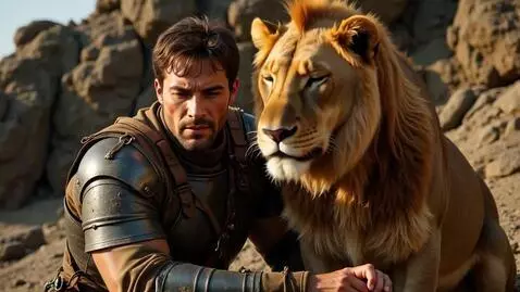 AI Video from prompt: A soldier from a war being guarded by a lion  lo