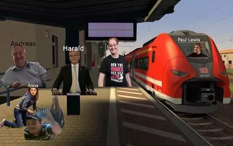AI Video from prompt: alle grüßen aber anna macht peach zeichen