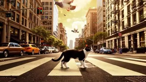 AI Video from prompt: A cat walks across a city street, but every step