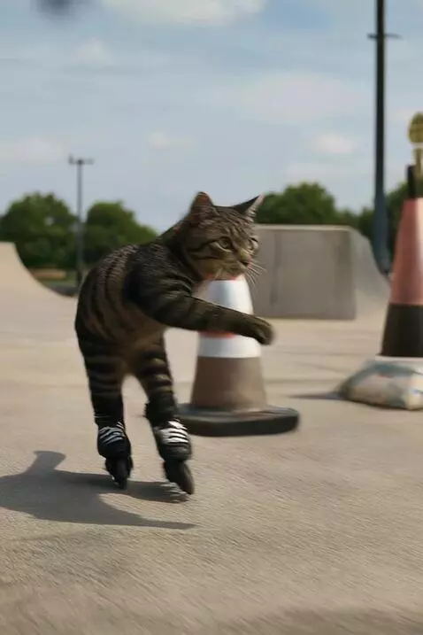 AI Video from prompt: A humanoid dark-striped tabby cat speeds through