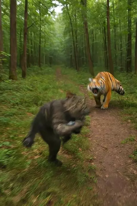 AI Video from prompt: A dark-striped humanoid cat suddenly turns aroun