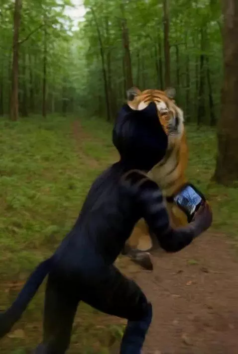 AI Video from prompt: A dark-striped humanoid cat suddenly turns aroun