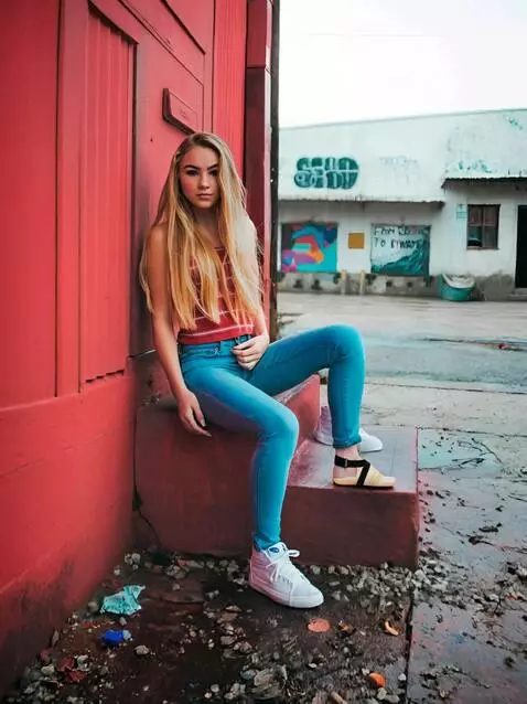 AI Video from prompt: A young woman with long blonde hair sitting on a