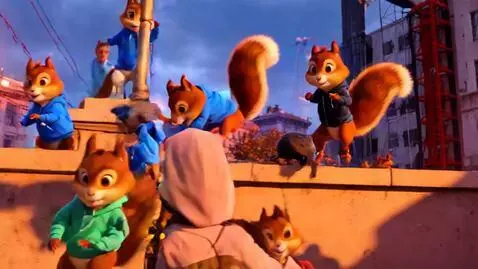 AI Video from prompt: A group of squirrels in hoodies start doing park