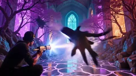 AI Video from prompt: A cinematic VR rhythm-shooter scene inside a glo
