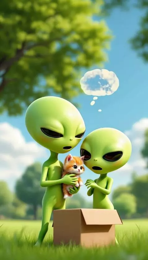 AI Video from prompt: Two cute aliens holding a kitten. At first they 