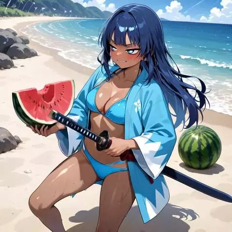 AI Video from prompt: She cuts the watermelon into 5 pieces using japa