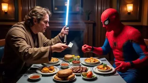 AI Video from prompt: Jedi having dinner with spiderman and a fight br