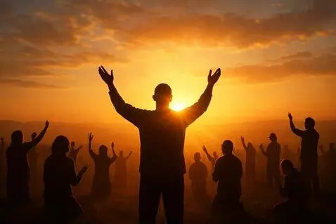 AI Video from prompt: sunrise, people worshiping, glowing light.