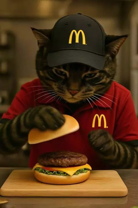AI Video from prompt: A humanoid dark-striped cat wearing a chef’s hat