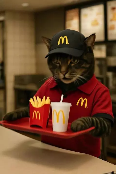 AI Video from prompt: A humanoid dark-striped cat dressed in a McDonal