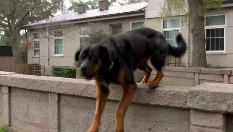 AI Video from prompt: A  huge dog jumping over a concrete fence into i