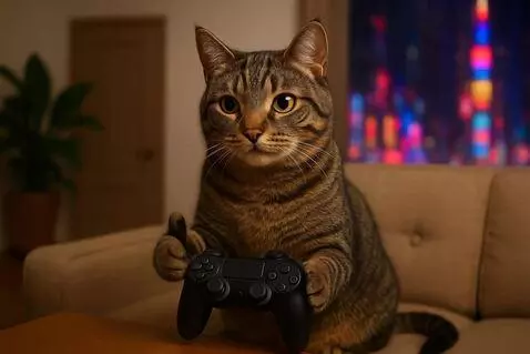 AI Video from prompt: A humanoid dark-striped cat sits on a sofa, play