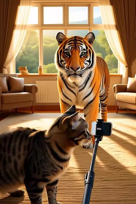 AI Video from prompt: Cinematic wide shot, a fluffy domestic cat is ha