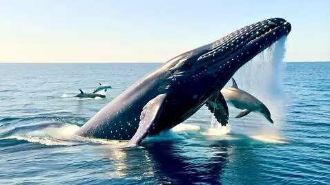 AI Video from prompt: Two blue whales and three dolphins, jumping out 