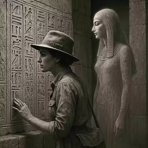 AI Video from prompt: Woman archeologist looking at ancient Egyptian w