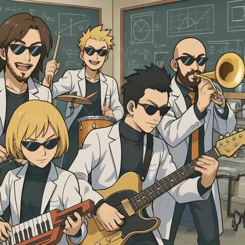 AI Video from prompt: The band of physicists is rocking out super hard