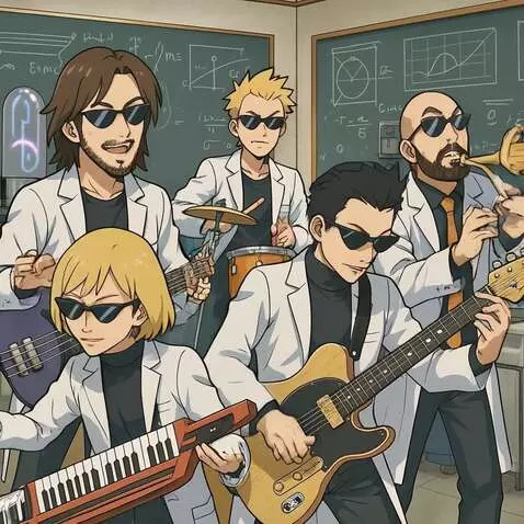 AI Video from prompt: The band of physicists is rocking out super hard