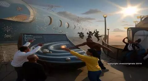 AI Video from prompt: planets rotating and stars twinkling as hands to