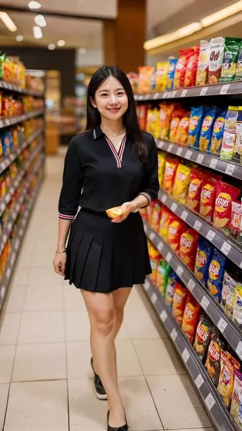 AI Video from prompt: Wanita berjalan mengelus kaosnya sambil tersenyu
