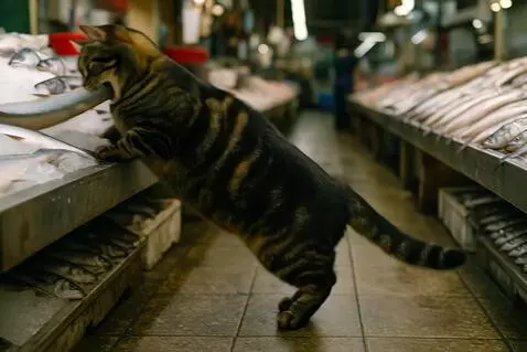 AI Video from prompt: Photorealistic 4K scene: a striped tabby cat gra