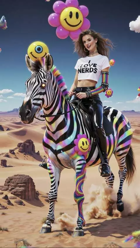 AI Video from prompt: A woman riding on a psychedelic zebra in a surre