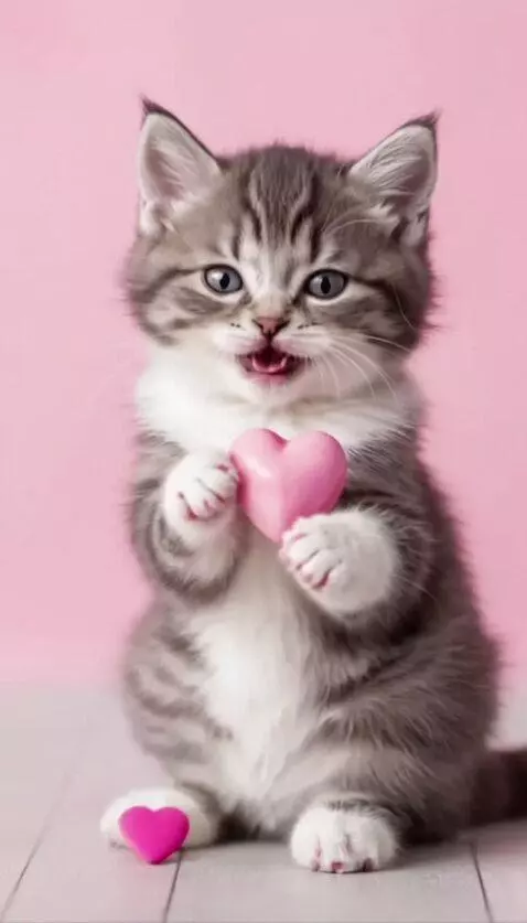 AI Video from prompt: A charming chubby kitten holds a small pink hear