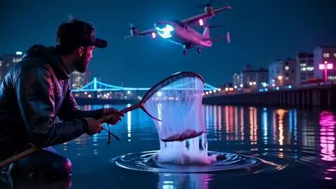AI Video from prompt: A fisherman with a metal arm casts a drone net i
