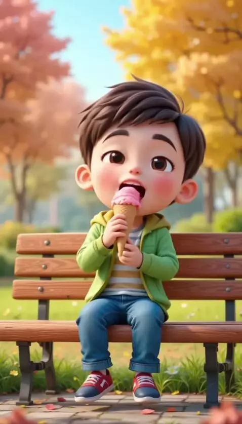 AI Video from prompt: A cute cartoon boy eats an ice cream happily on 
