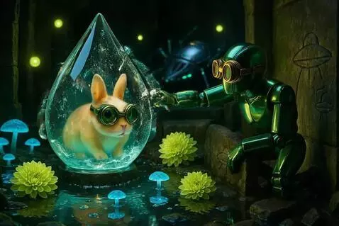 AI Video from prompt: The robot taps the glass teardrop. The teardrop 