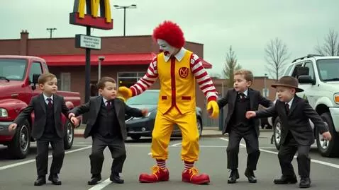 AI Video from prompt: The original Ronald McDonald in a parking lot of