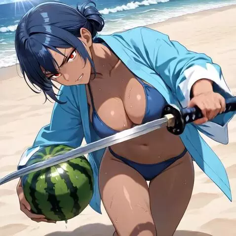 AI Video from prompt: She cuts the watermelon held in her right hand b