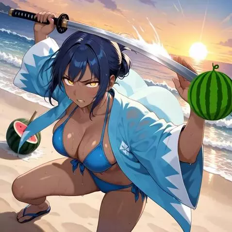 AI Video from prompt: She skewers the watermelon using japanese katana