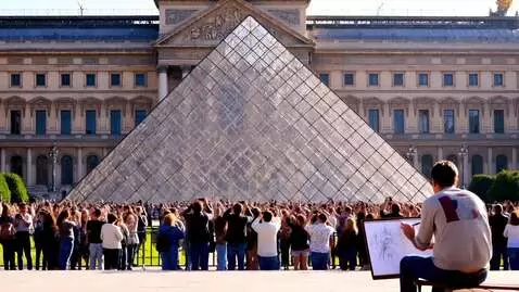 AI Video from prompt: An artist with a sketchbook draws the Louvre pyr