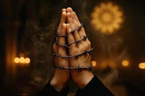 AI Video from prompt: Hands clasped tightly in prayer, wrapped in shar