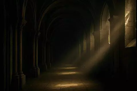 AI Video from prompt: A long, dimly lit medieval stone corridor with t