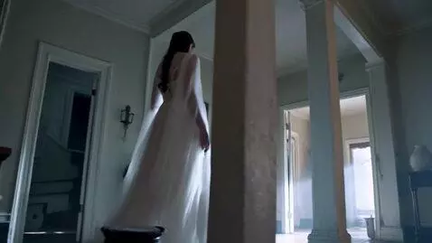 AI Video from prompt: A movie scene where a ghost lady walks around th
