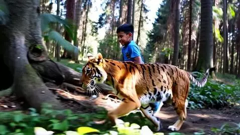 AI Video from prompt: Boy  running in the jungle withe a tiger side by