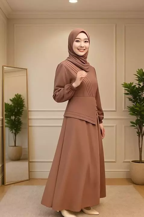 AI Video from prompt: 6. Model berdiri menghadap kamera dengan senyum 