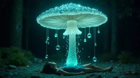 AI Video from prompt: As I lay under a bioluminescent Mushroom of data
