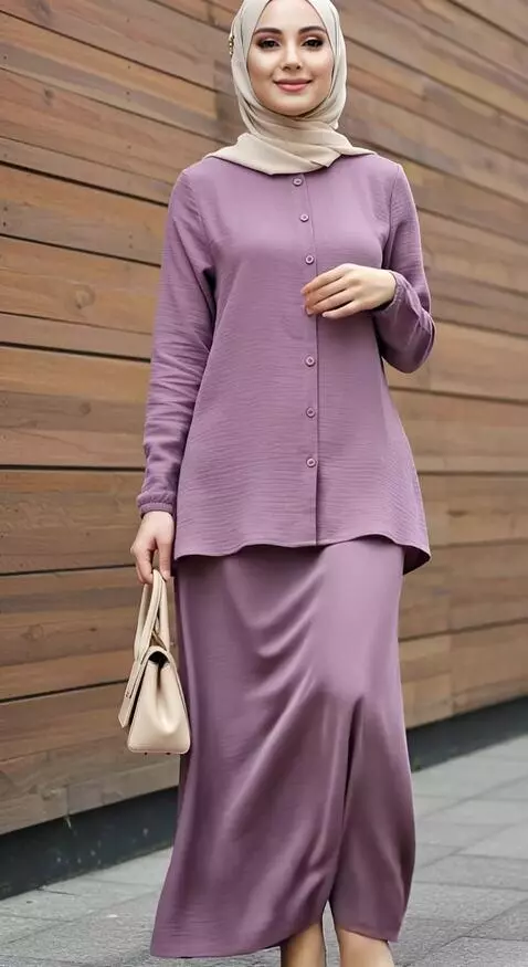 AI Video from prompt: A stylish Muslim woman wearing a purple modest o