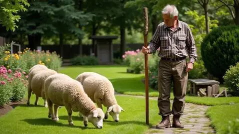 AI Video from prompt: An old man rearing sheep in a garden