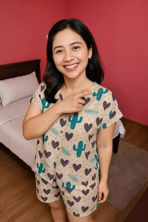 AI Video from prompt: Model sedang tersenyum dan menunjuk baju yang di