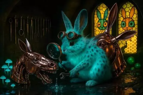 AI Video from prompt: The horse neighs the rabbit drops the wrench and