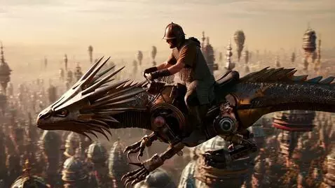AI Video from prompt: A rider in a leather helmet rides a mechanical d