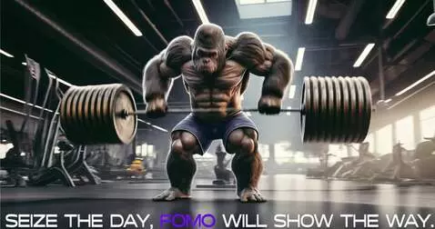 AI Video from prompt: this fomo ape pumps his iron as fomo price pumps
